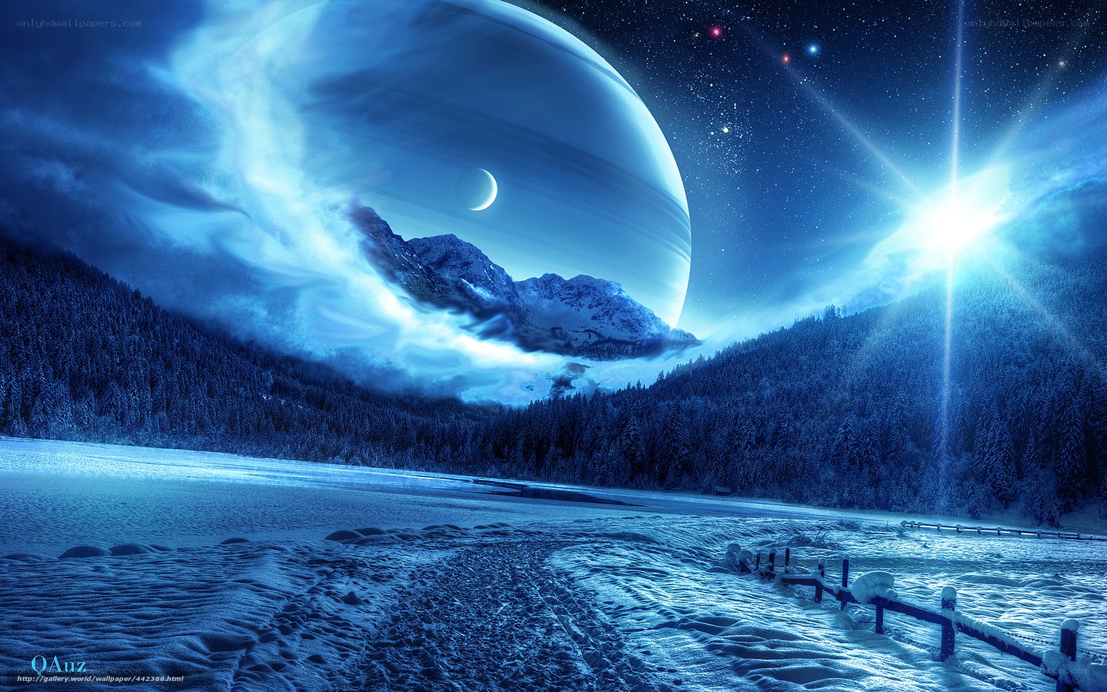 Snowy landscape with alien planet