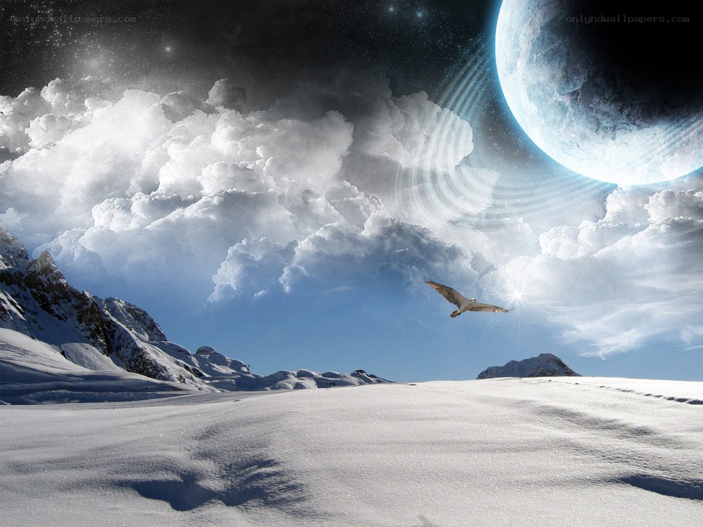 Snowy landscape with alien planet