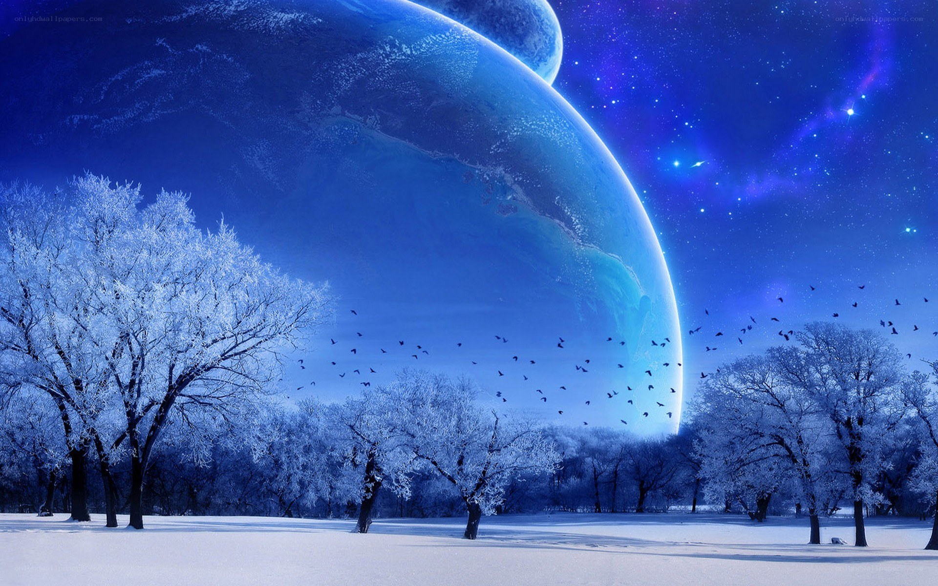 Snowy landscape with alien planet