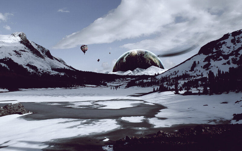 Snowy landscape with alien planet