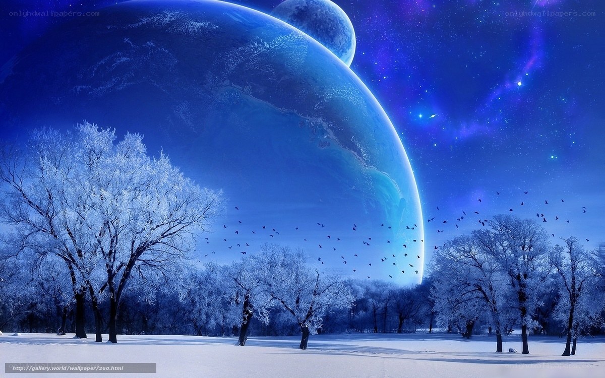 Snowy landscape with alien planet