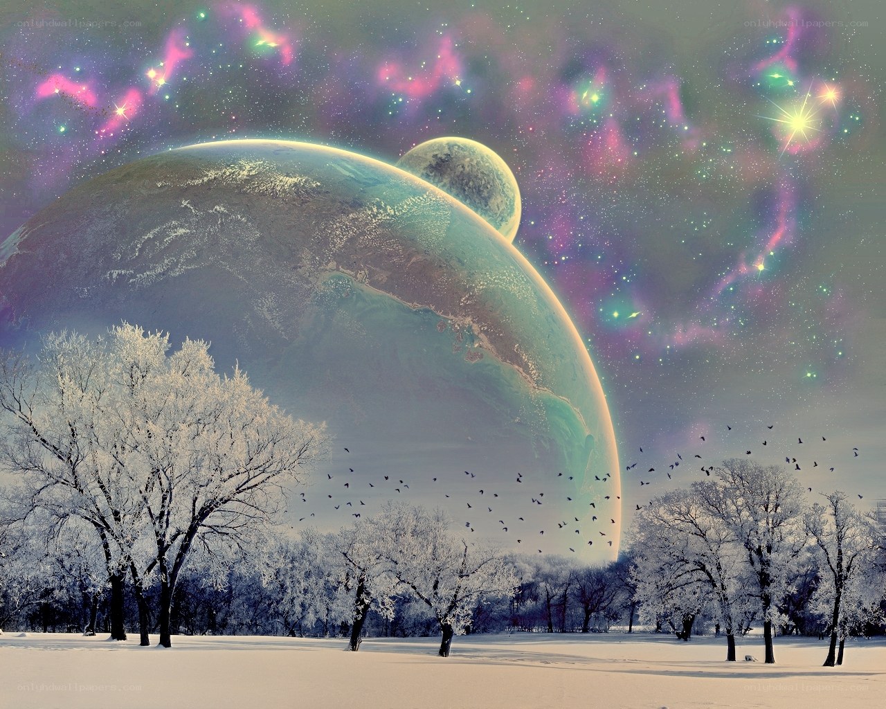 Snowy landscape with alien planets