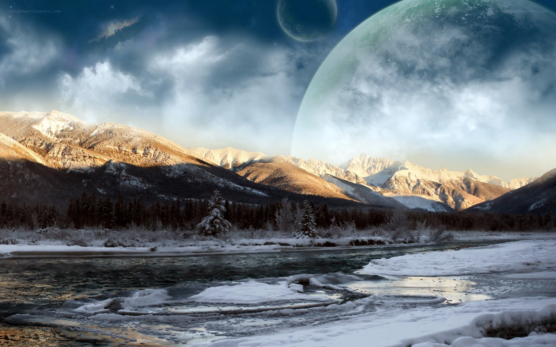 Snowy landscape with alien planets