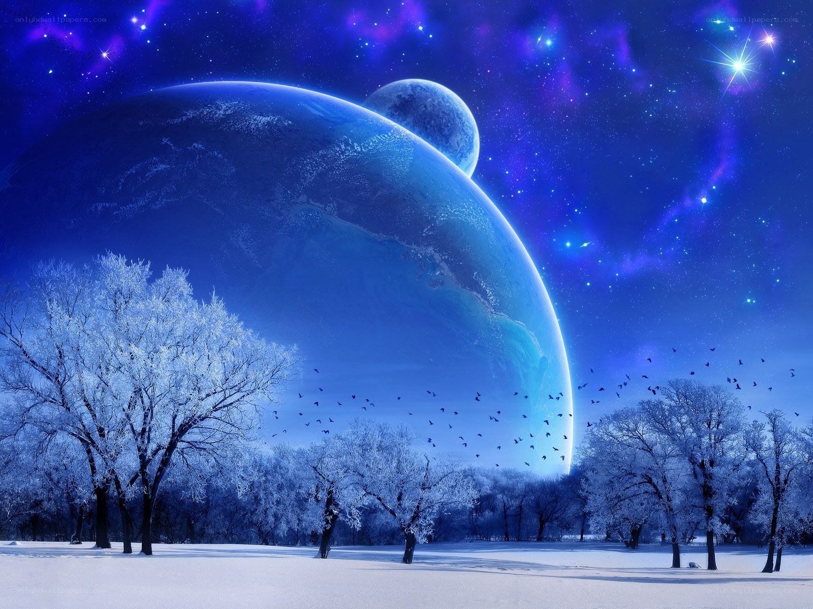 Snowy landscape with alien planets
