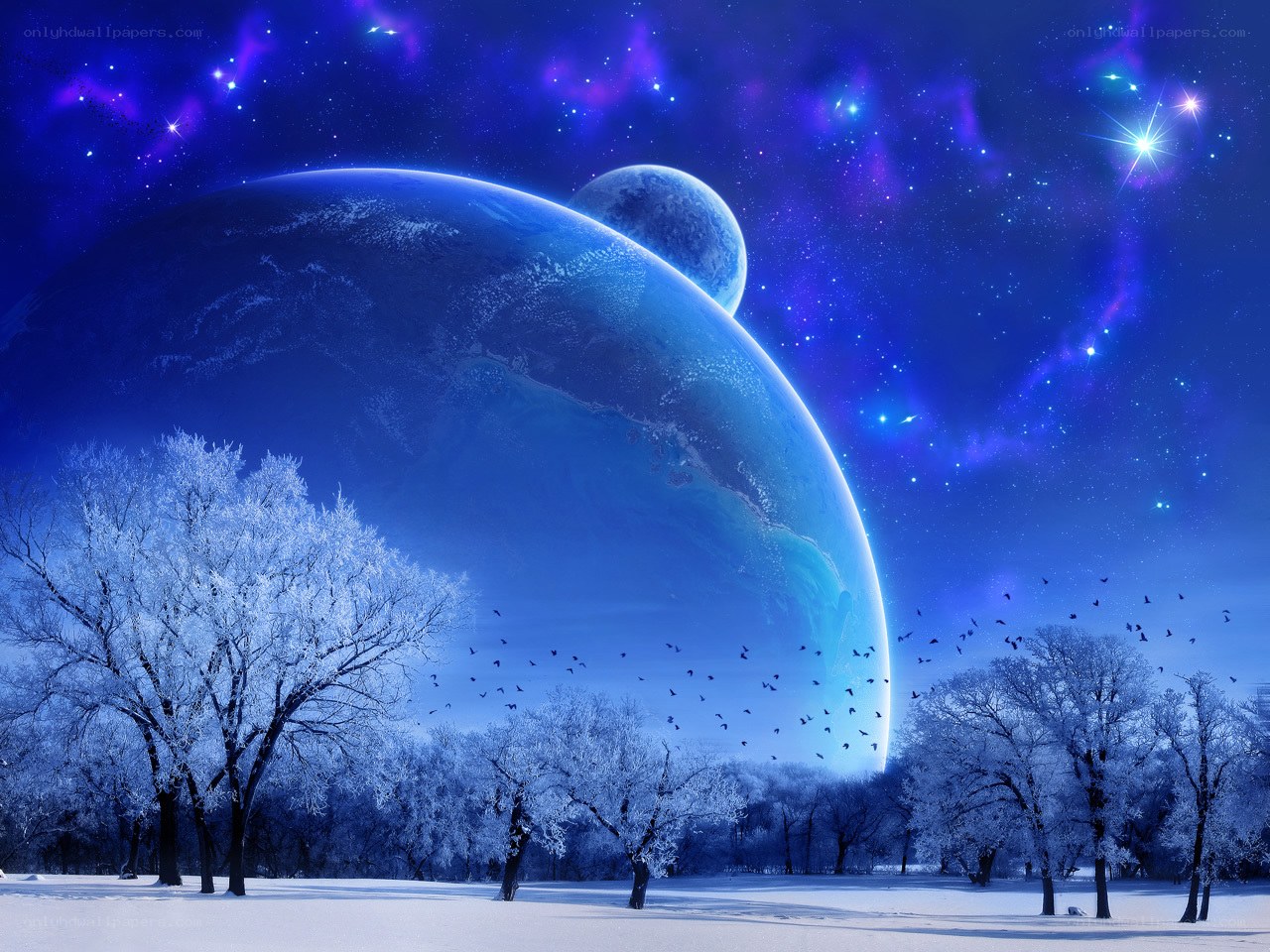 Snowy landscape with alien planets