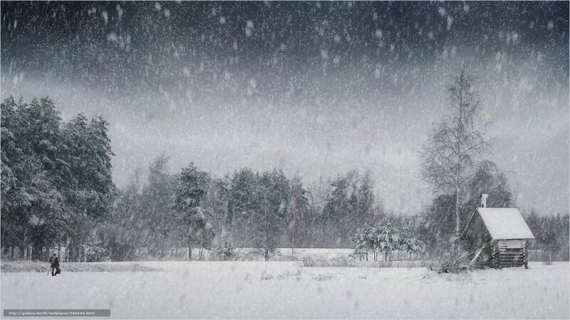 Snowy landscape with cabin