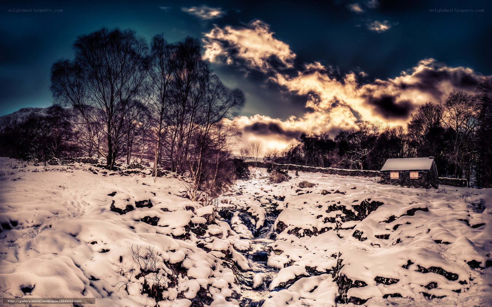 Snowy landscape with cabin