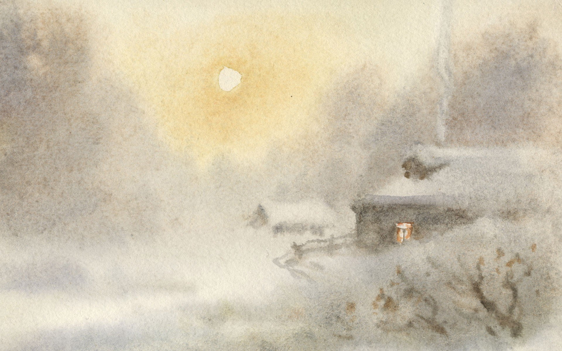 Snowy landscape with cabin