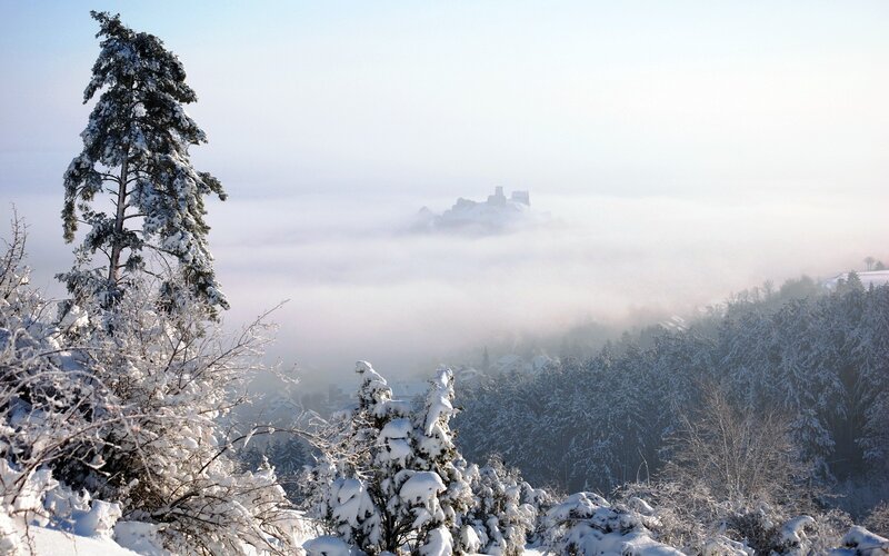 Snowy landscape with castle in fog