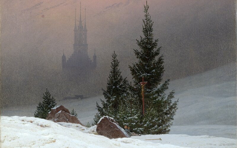 Snowy landscape with church