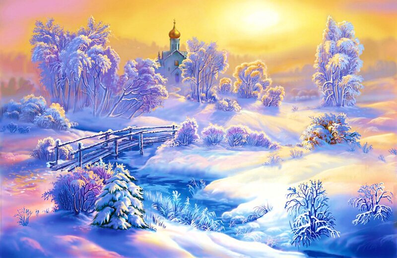 Snowy Landscape with Church — Blue