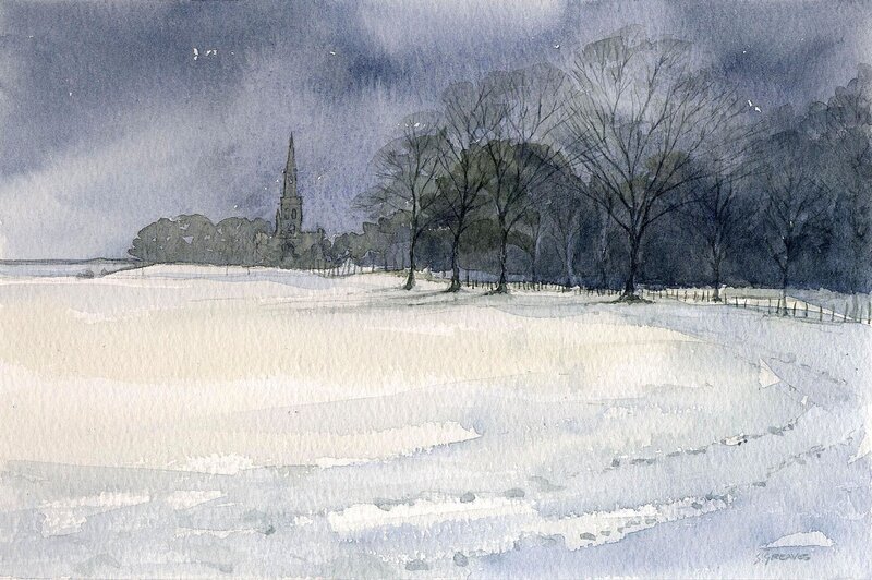 Snowy landscape with church