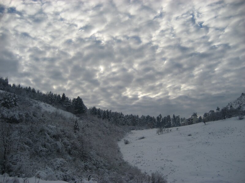 Snowy landscape with cloudy sky