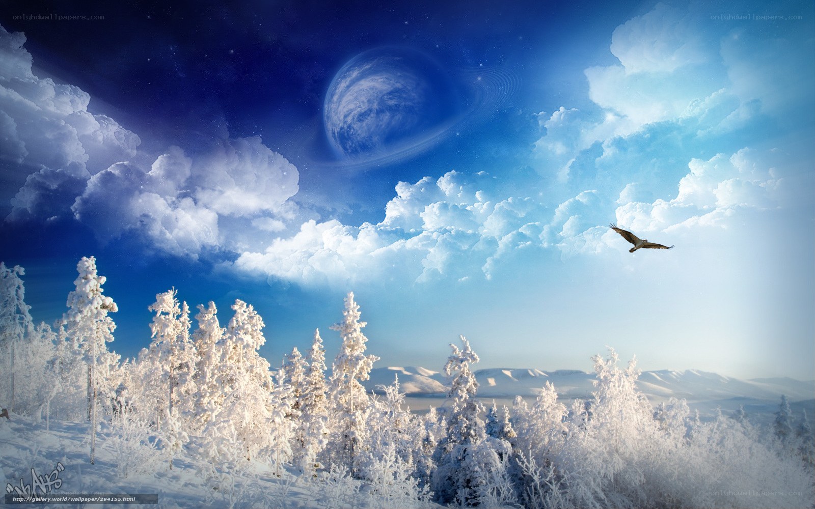 Snowy landscape with flying bird