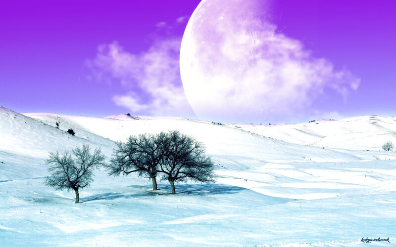 Snowy landscape with giant moon