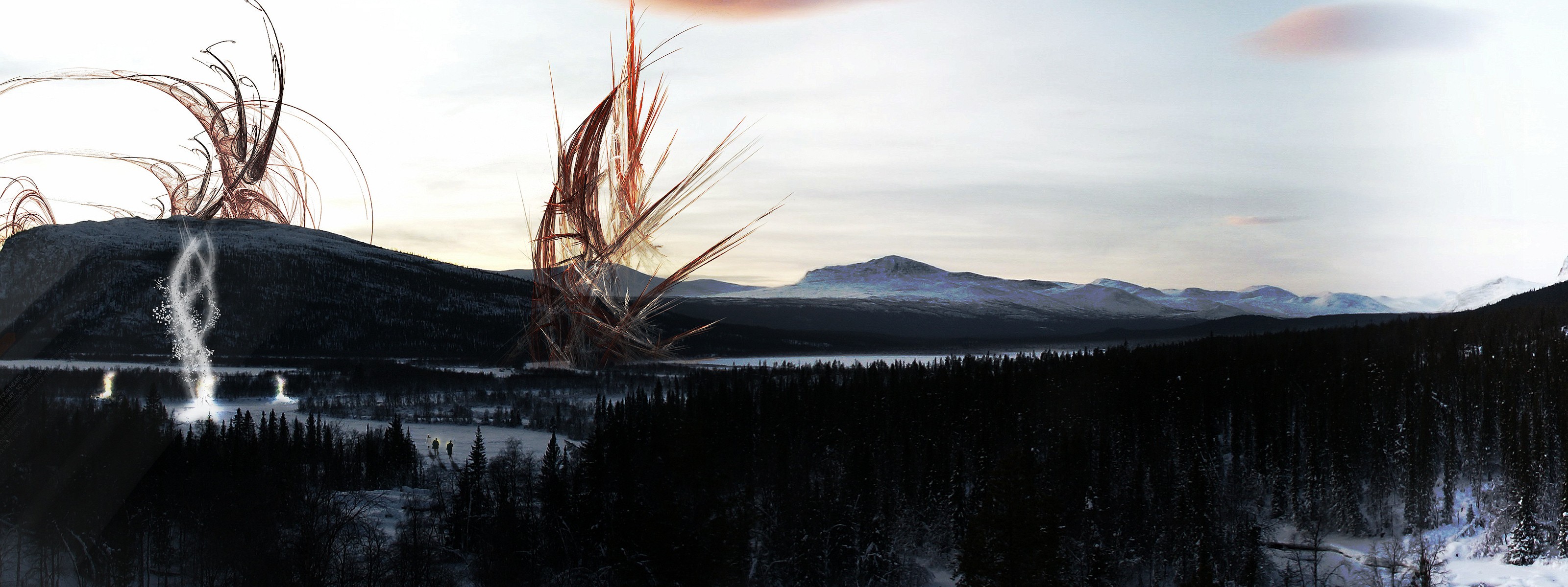 Snowy landscape with glowing structures
