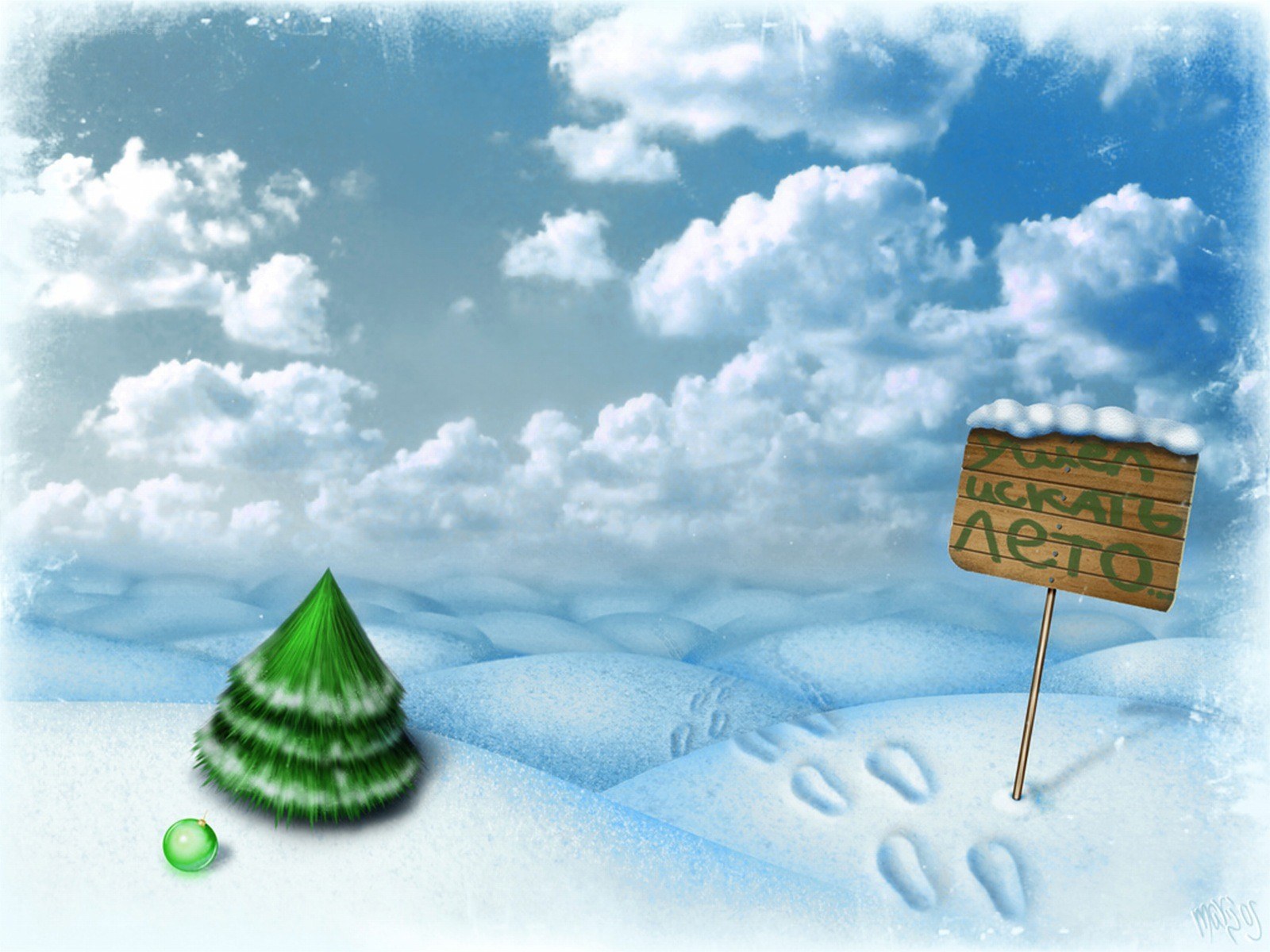 Snowy landscape with green tree