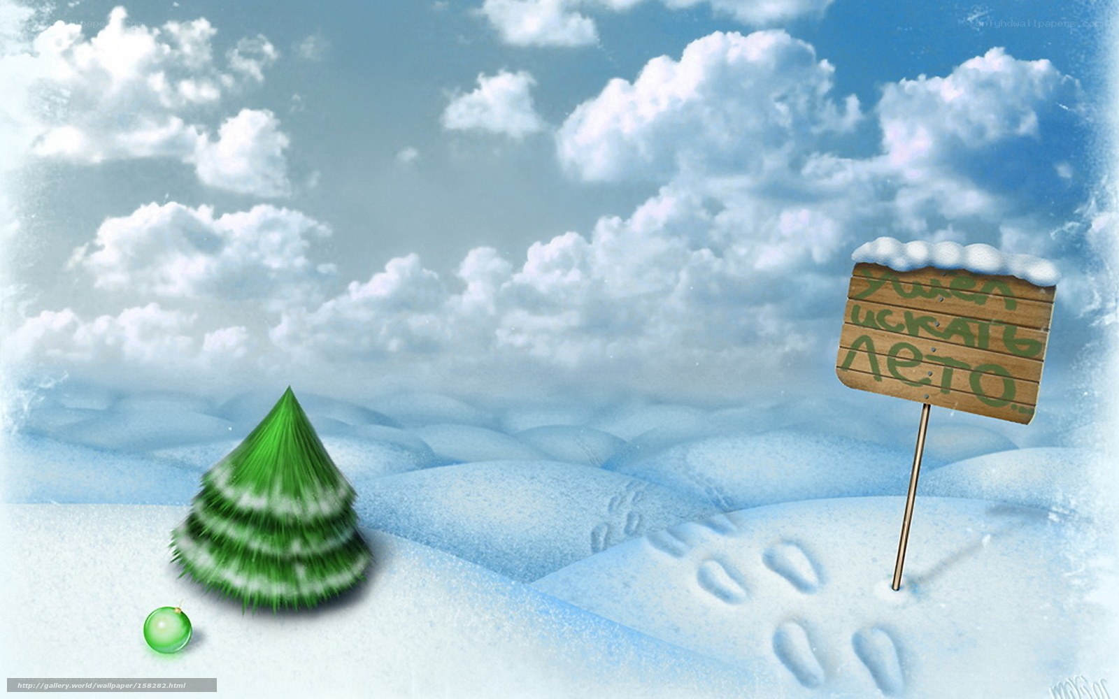 Snowy landscape with green tree