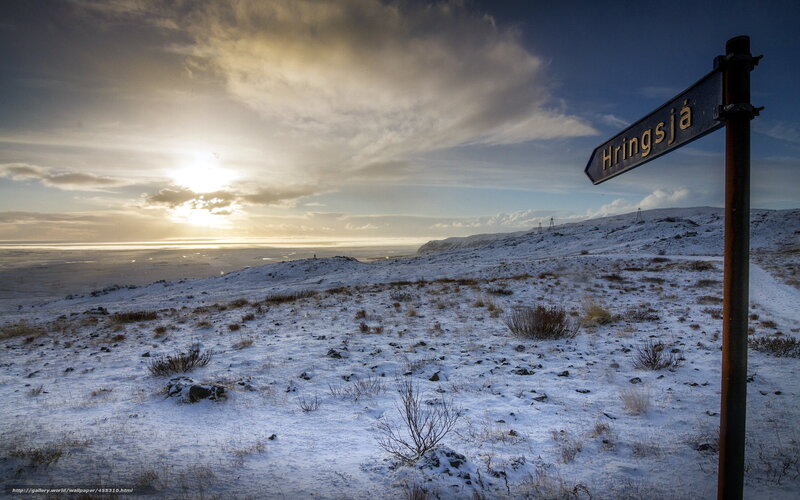 Snowy landscape with Hringsjá sign