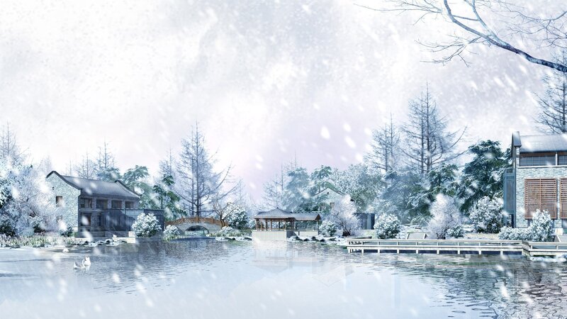 Snowy landscape with lake and buildings
