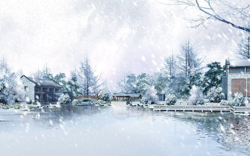 Snowy landscape with lake and buildings