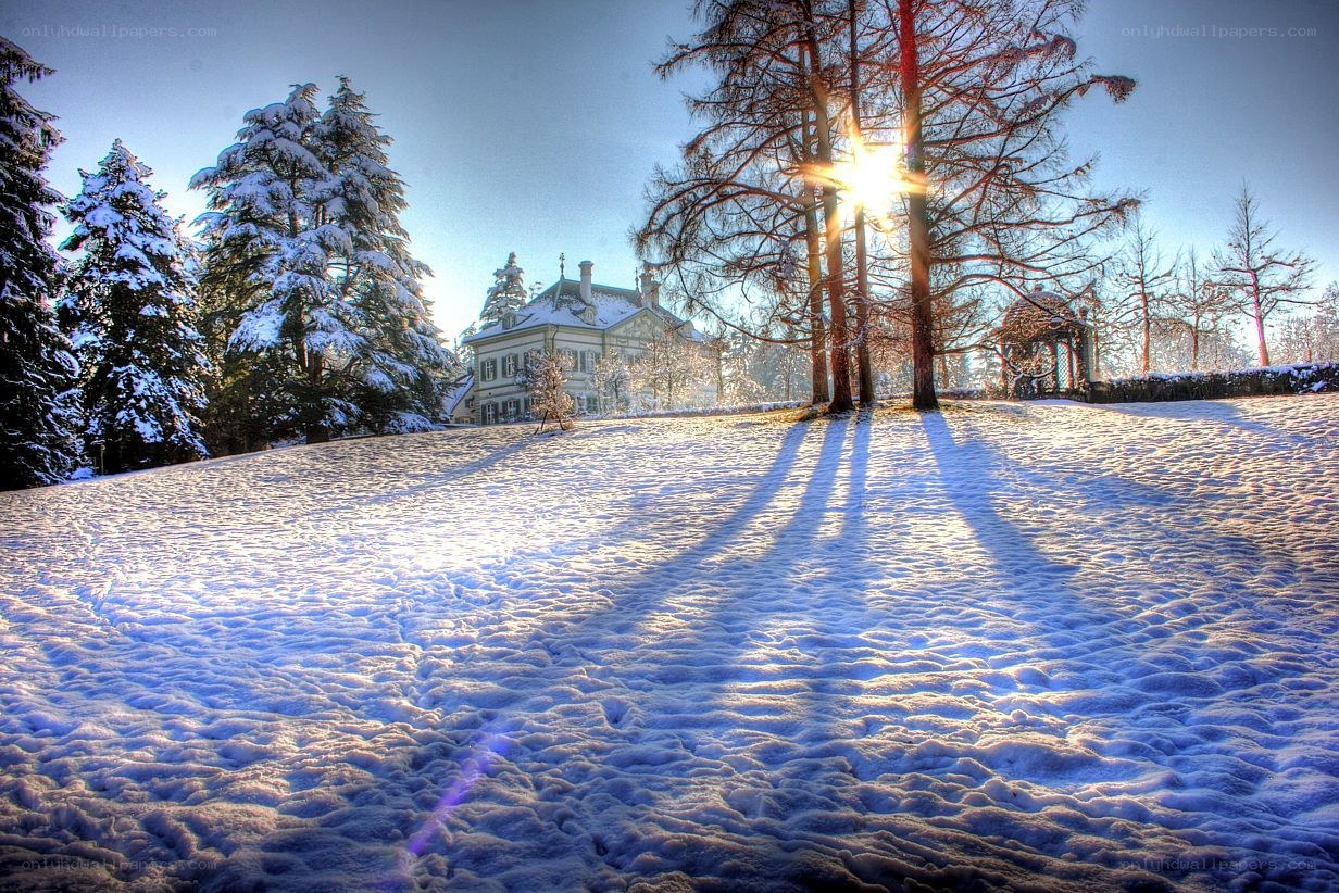 Snowy landscape with mansion