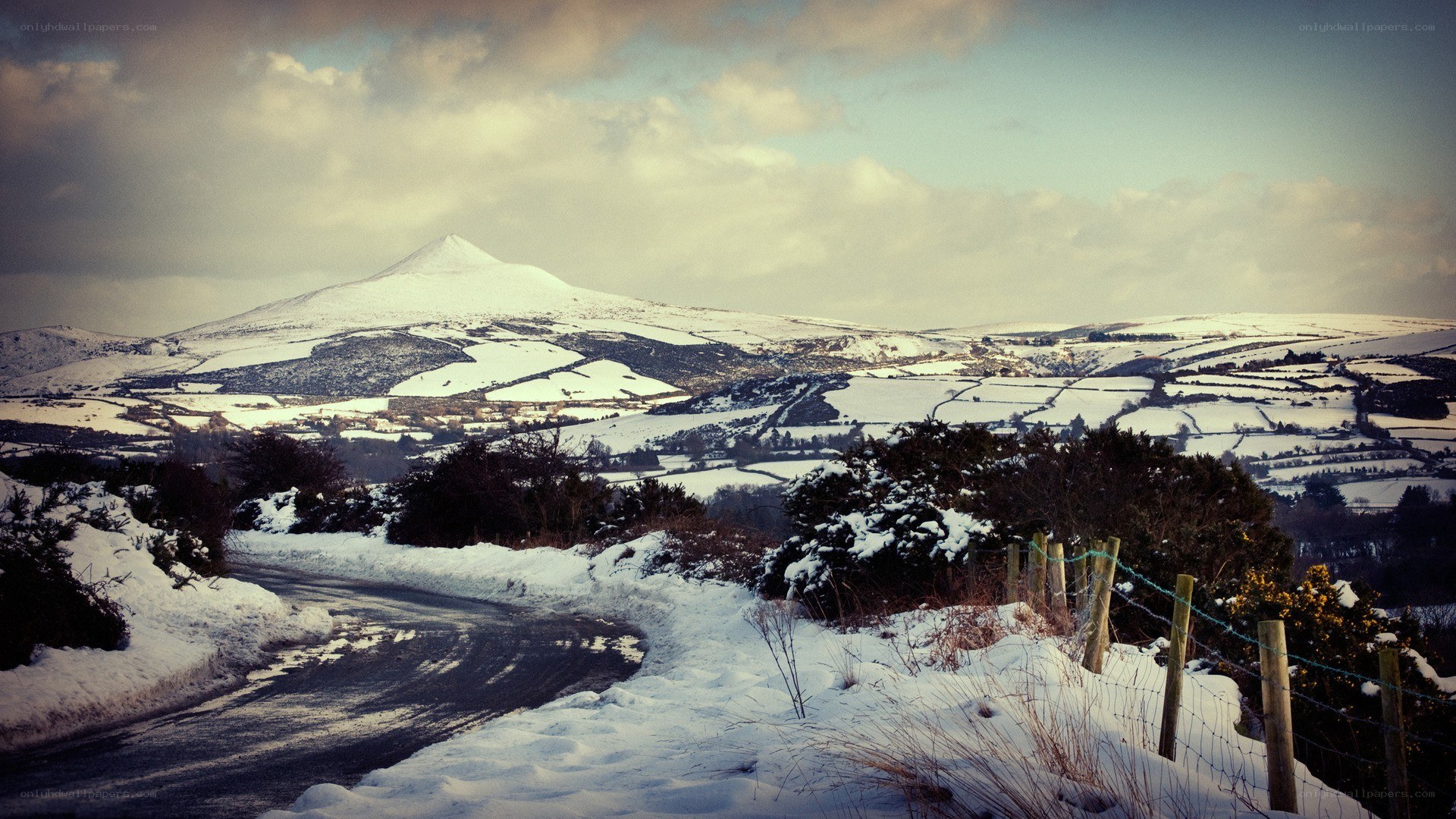Snowy landscape with mountain