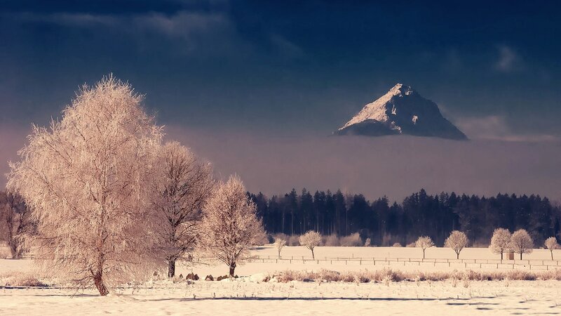 Snowy landscape with mountain