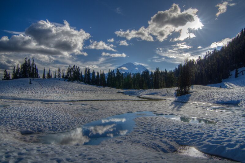 Snowy landscape with mountain view