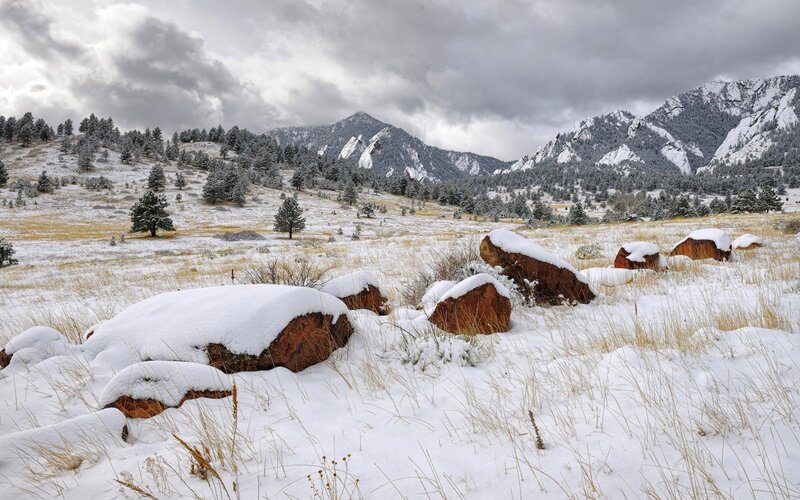 Snowy landscape with mountains