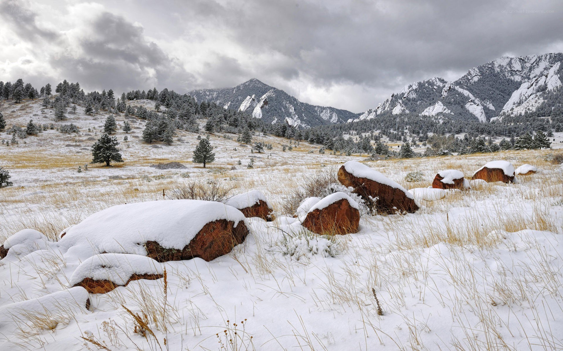 Snowy landscape with mountains