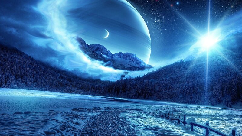 Snowy Landscape with Planet — Blue, Dramatic, Night, Digital Art
