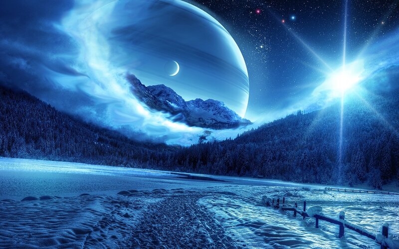 Snowy Landscape with Planet — Blue, Dramatic