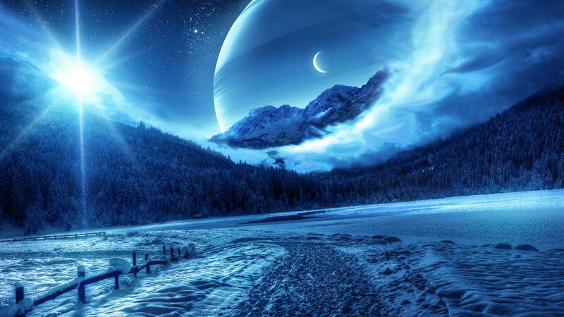 Snowy Landscape with Planet — Blue, Serene