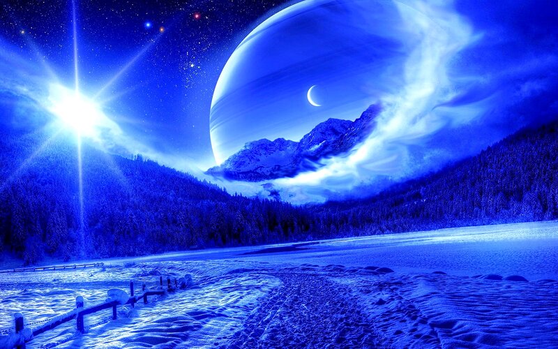 Snowy Landscape with Planet — Blue