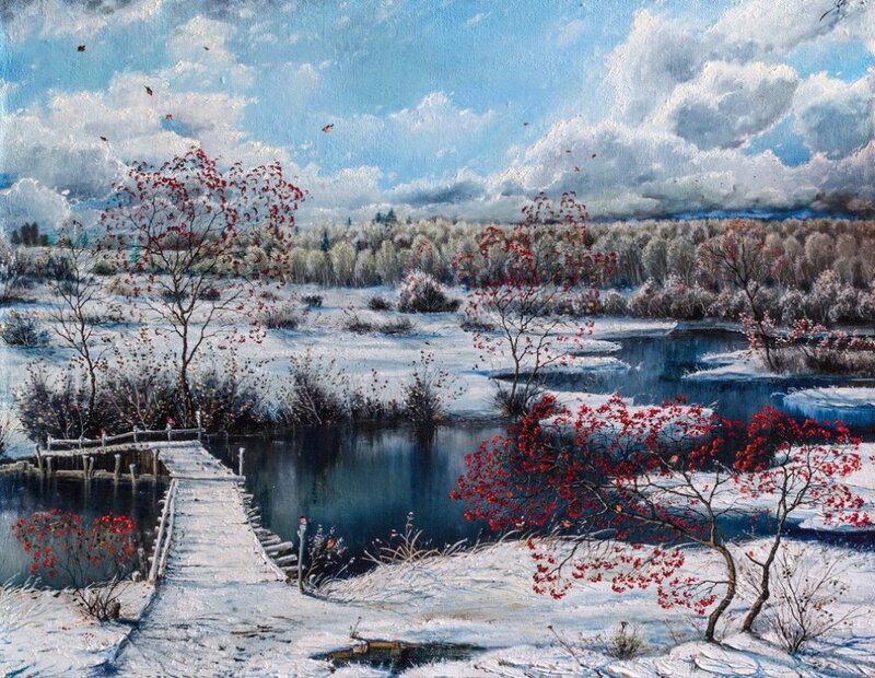 Snowy Landscape with Pond — White