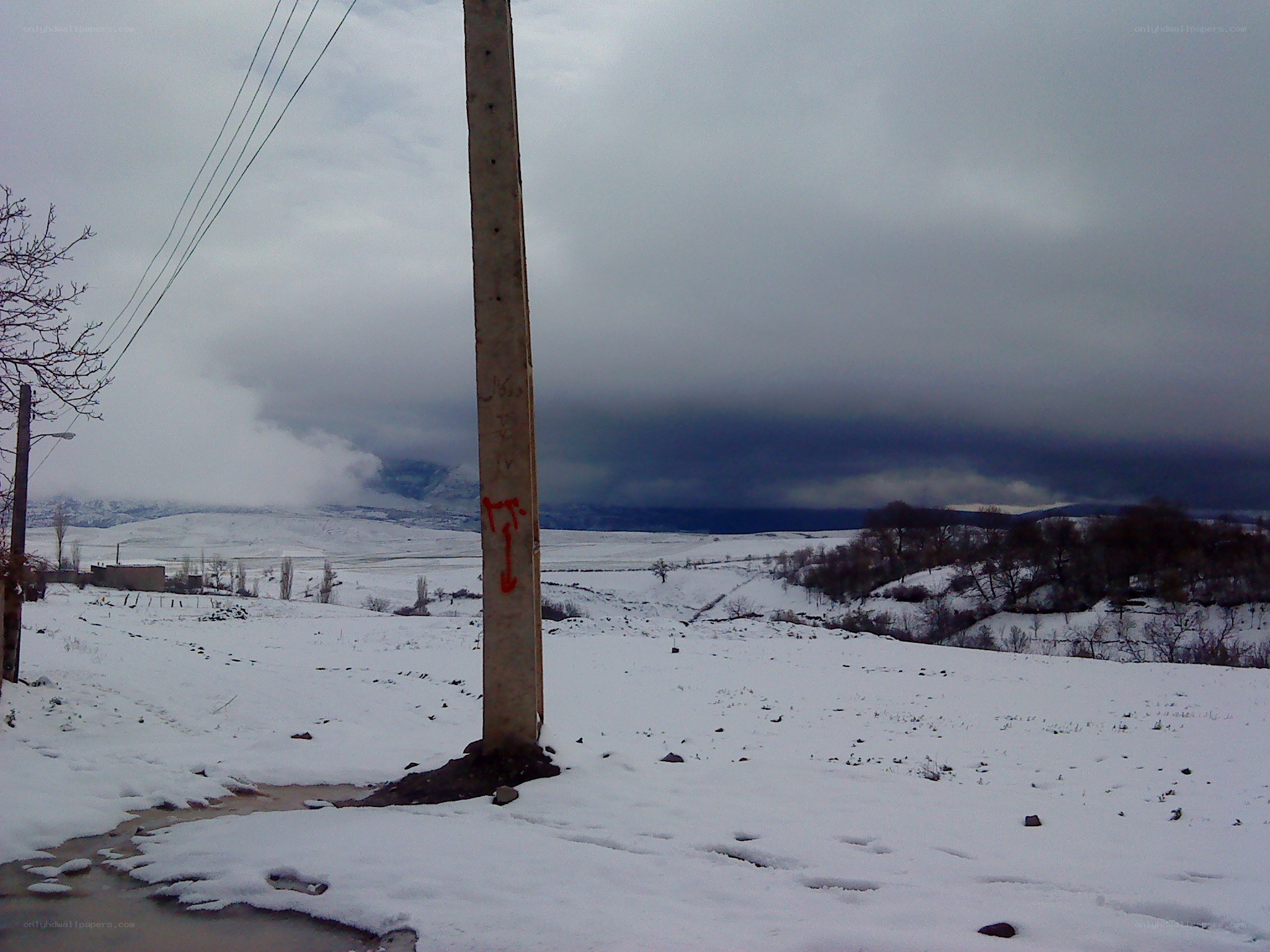 Snowy landscape with power pole