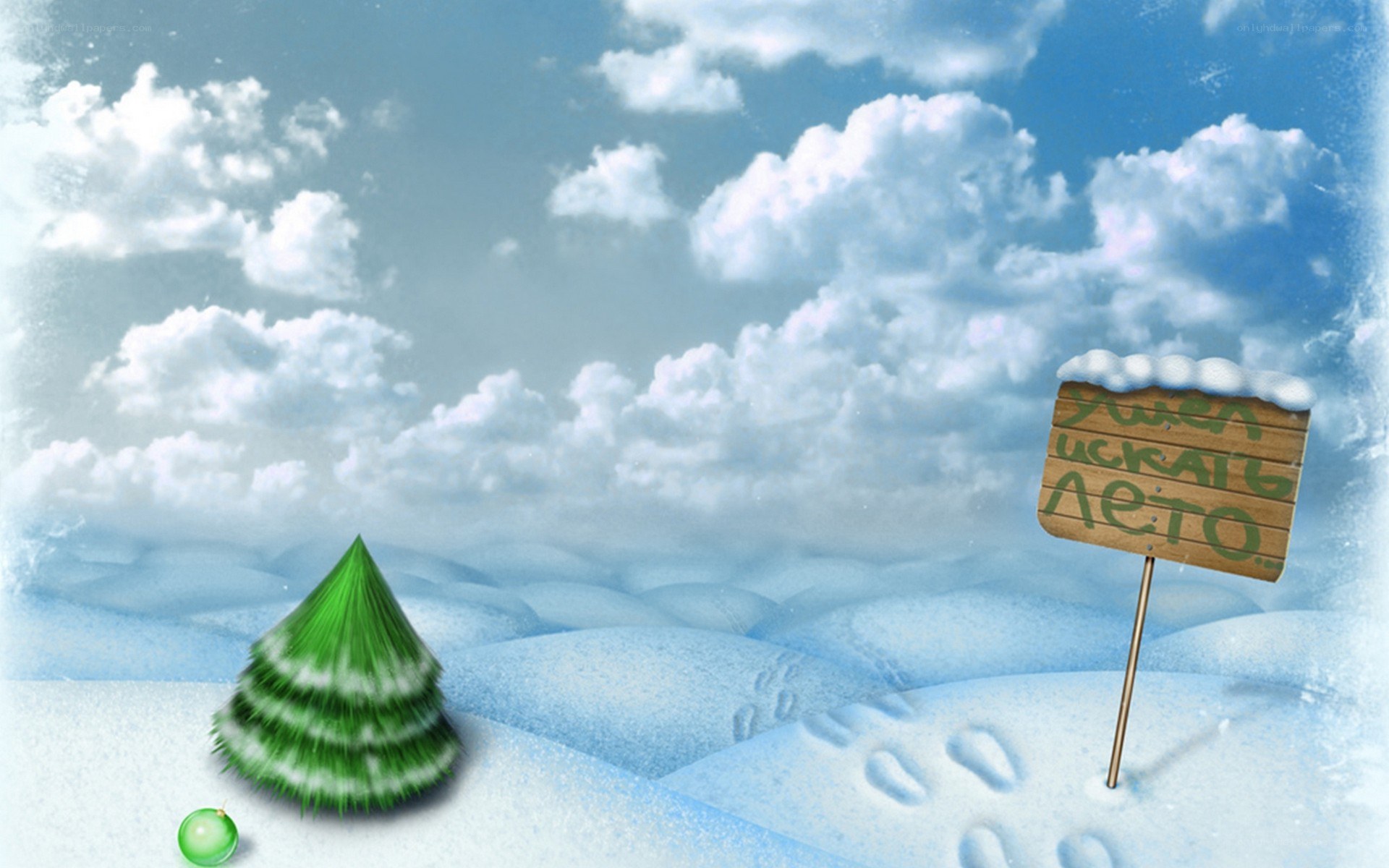 Snowy landscape with sign