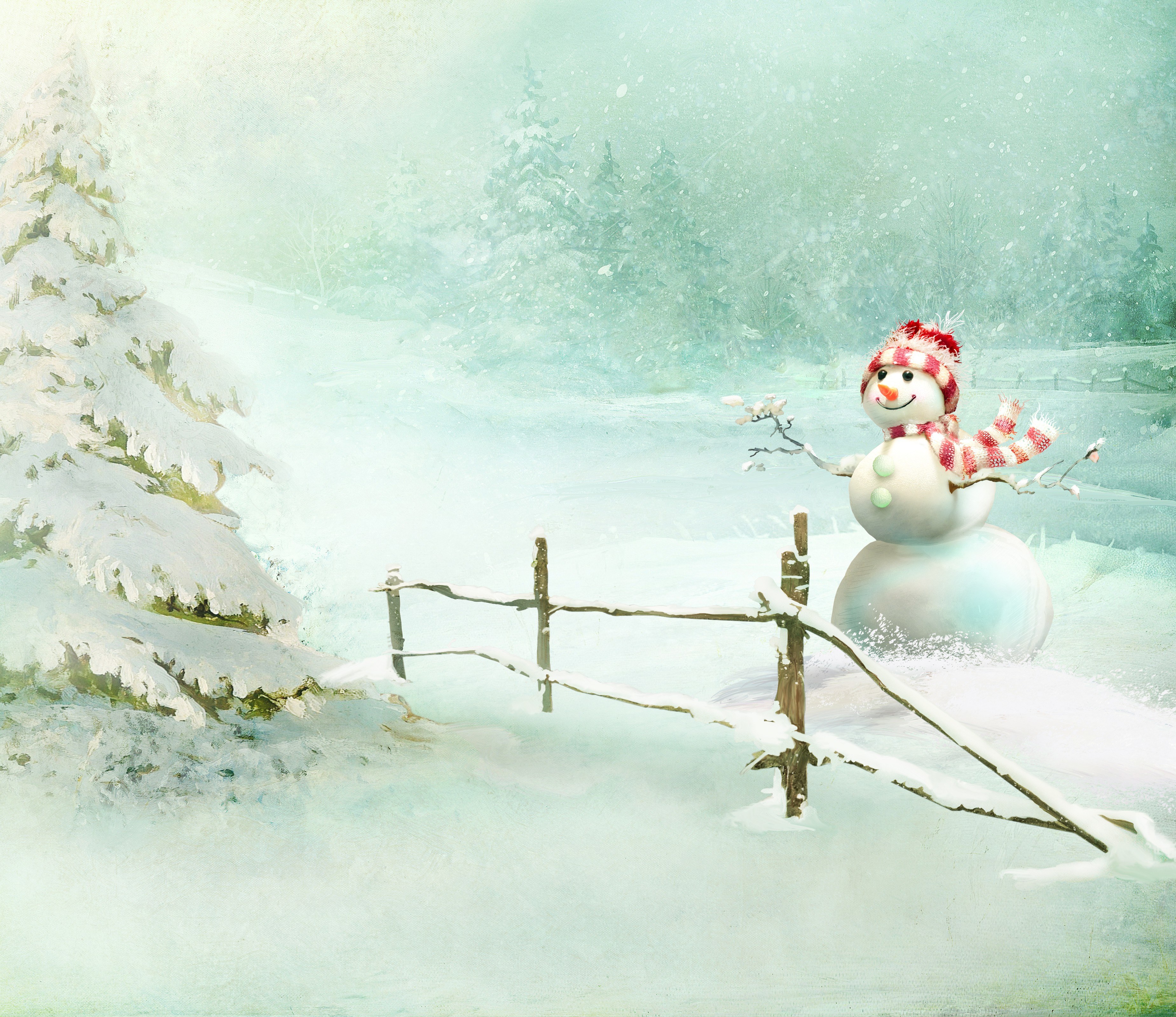 Snowy landscape with snowman