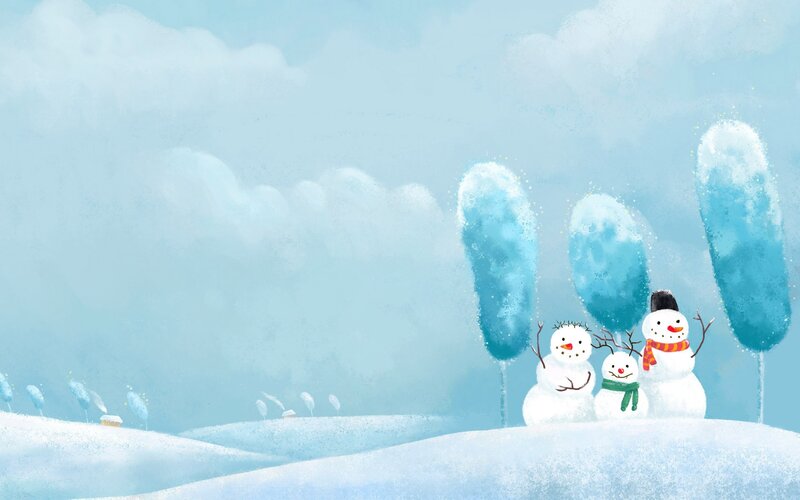 Snowy landscape with snowmen