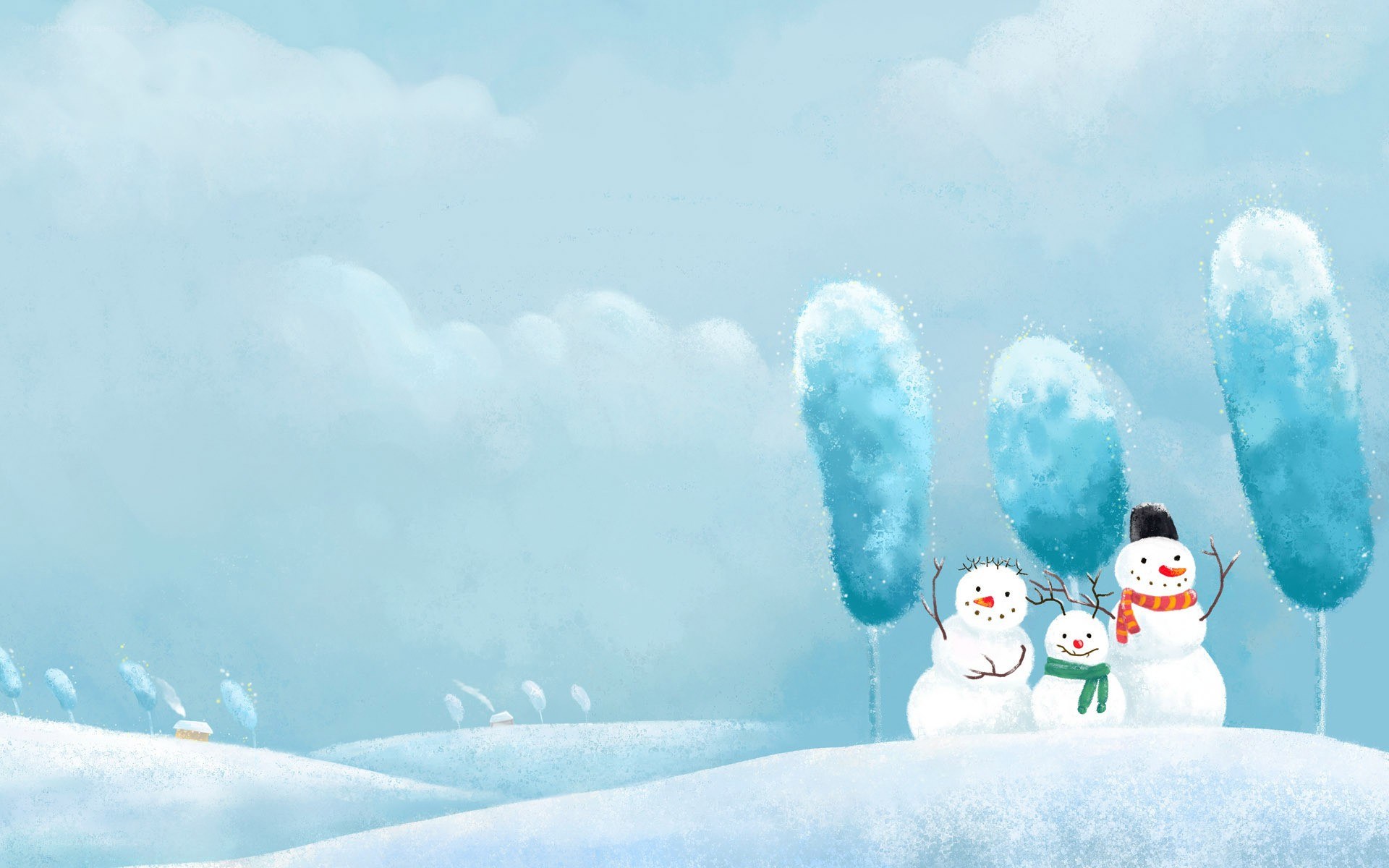 Snowy landscape with snowmen