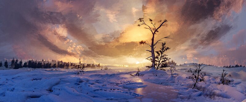 Snowy Landscape with Tree — White