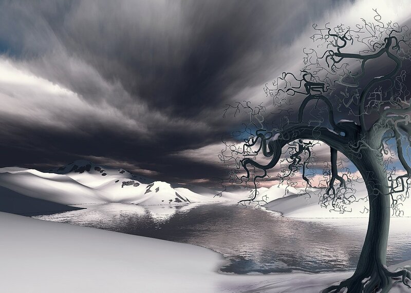 Snowy landscape with twisted tree