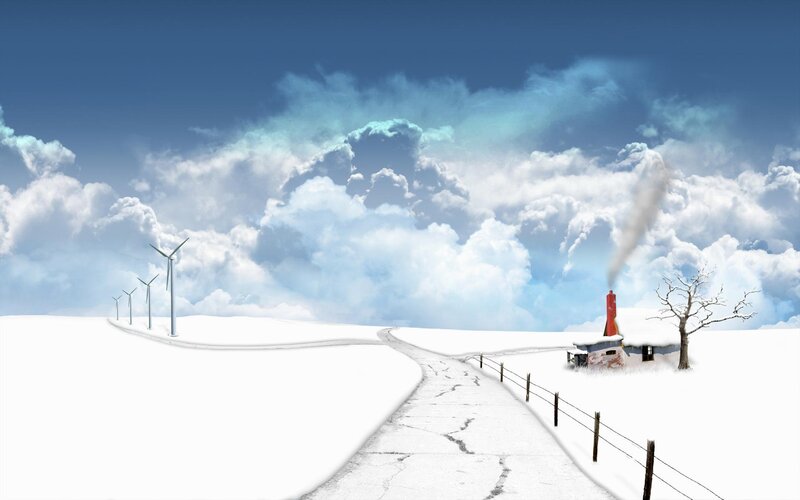 Snowy landscape with wind turbines