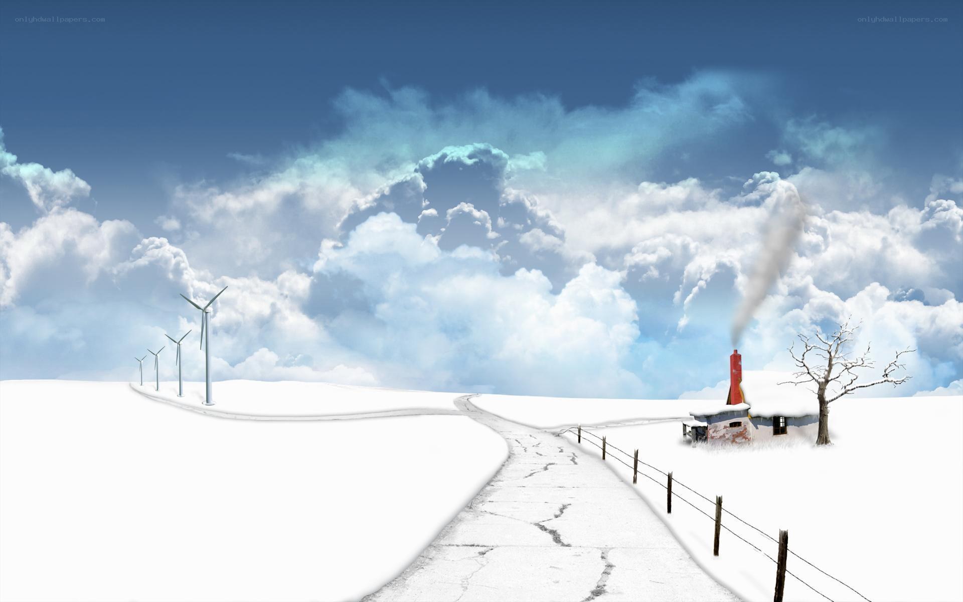 Snowy landscape with wind turbines