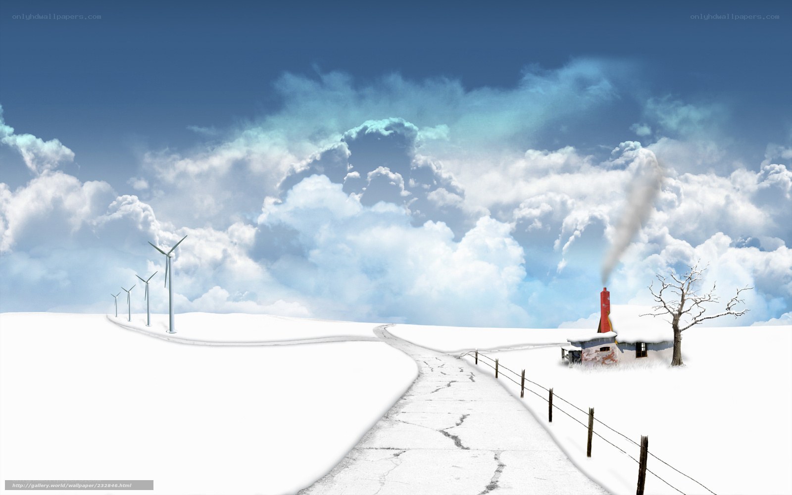 Snowy landscape with wind turbines