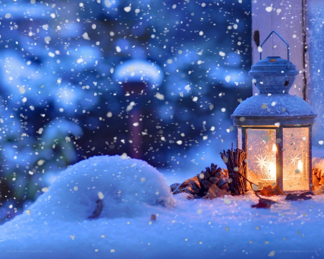 Snowy lantern at night