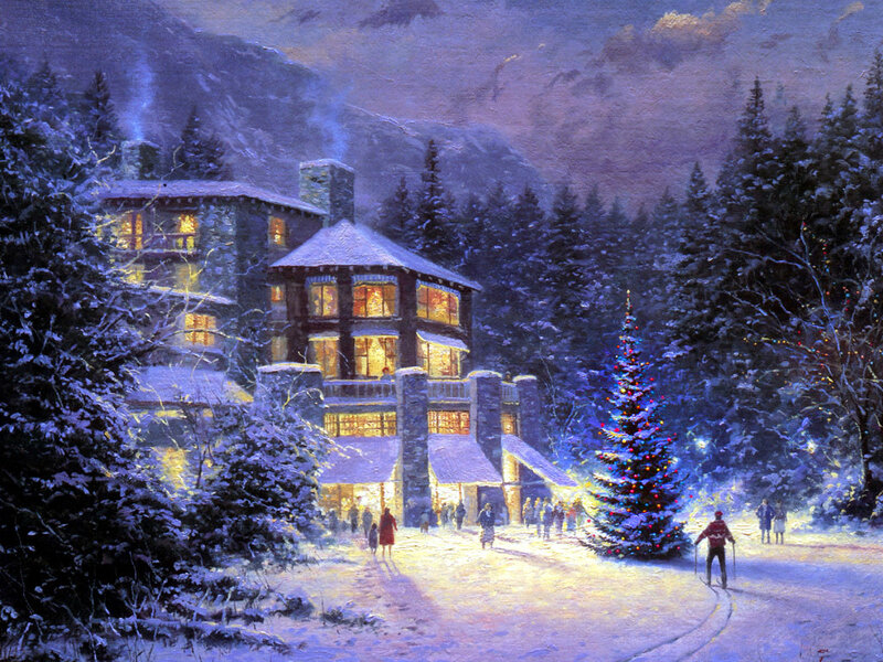 Snowy lodge at night