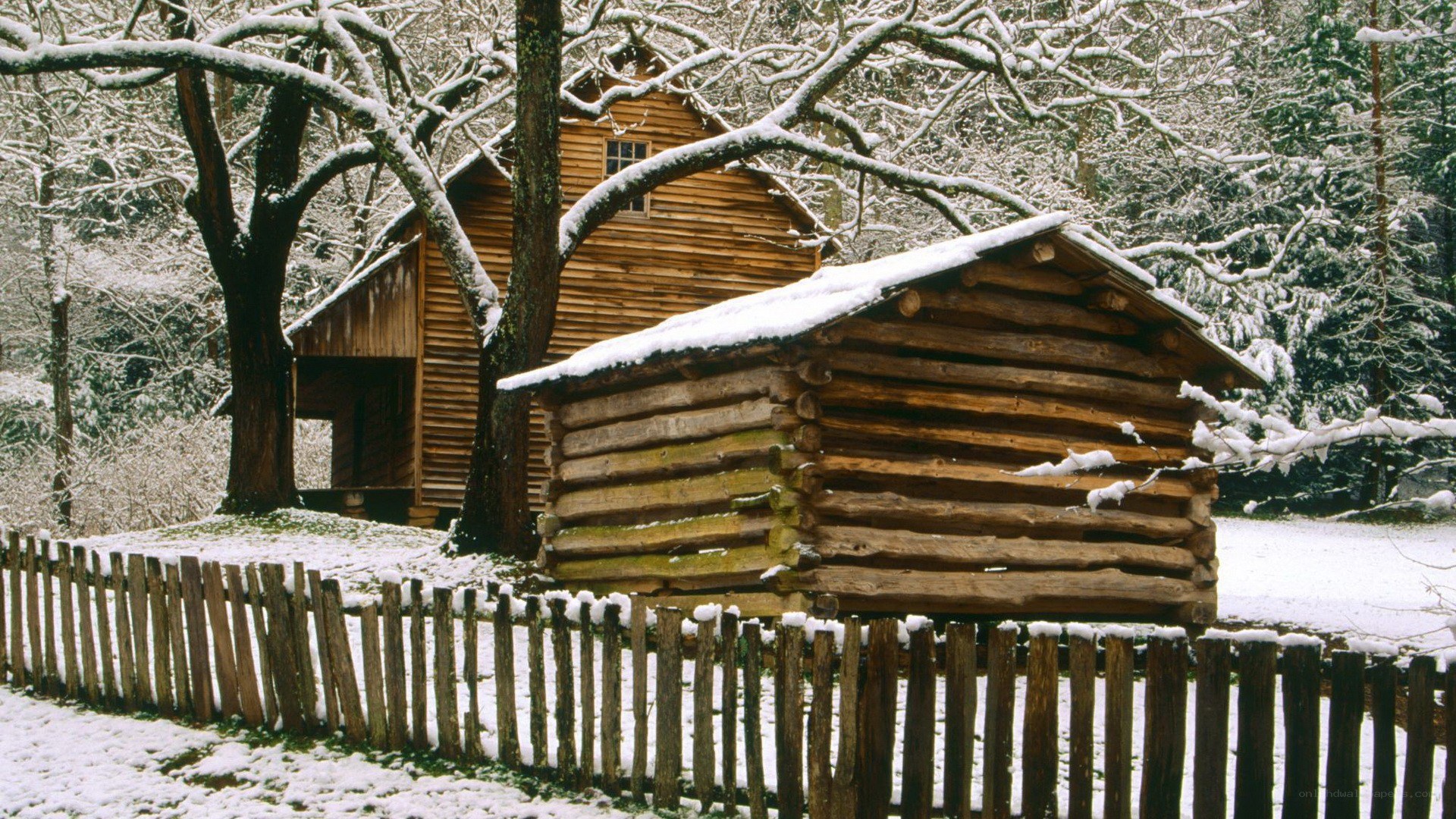 Snowy log cabin in winter