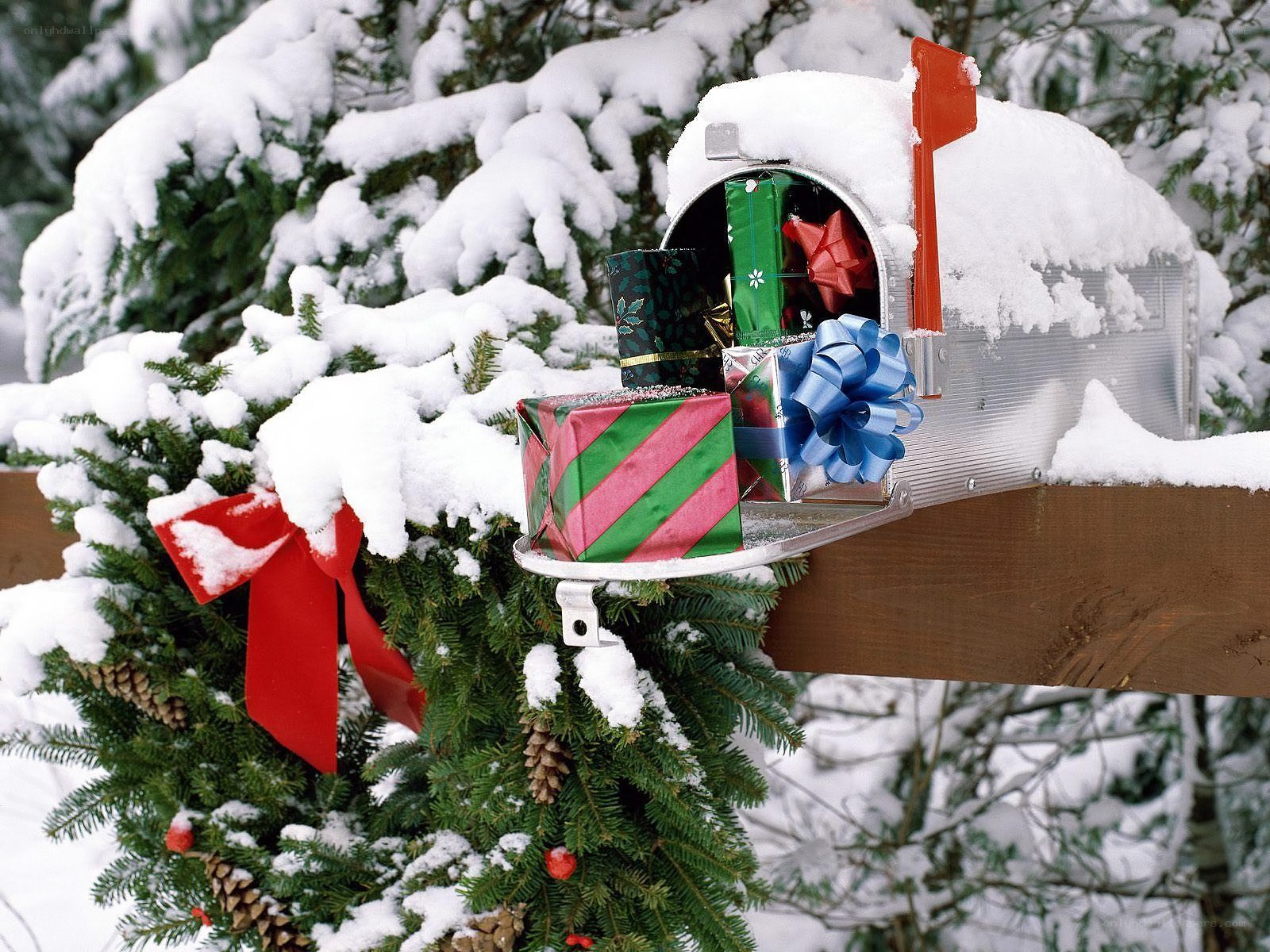 Snowy mailbox with gifts